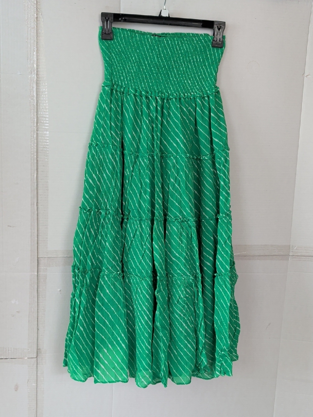 Lauren Ralph Lauren Green Striped Maxi Skirt Tiered Elastic Smocked Waist SZ XS